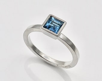 Square blue topas stack ring, step cut london blue topaz, ring with dark blue square stone, stackable ring in blue color