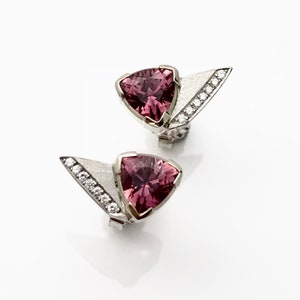 Pink diamond stud earrings pink tourmaline earrings whitegold diamond stud pink gemstone studs image 4