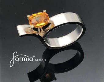 Asymmetrical Yellow Citrine solitaire silver and gold ring- Stunning, eye catching, statement engagement ring, birthstone ring, faboulus