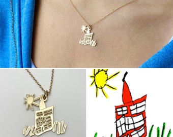 Kids drawing on 14k gold charm, drawing on gold pendant, gold artowrk, kids doodle in gold, gold charm artwork, design your own gold jewelry