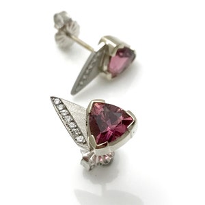 Pink diamond stud earrings pink tourmaline earrings whitegold diamond stud pink gemstone studs image 1
