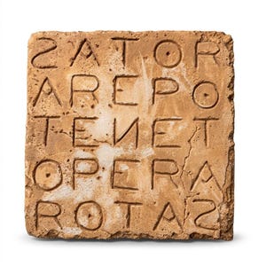 May include: A square, light brown, textured stone tile featuring the Sator Square palindrome carved into its surface. The inscription reads SATOR, AREPO, TENET, OPERA, ROTAS in five rows, with some letters showing small circular indentations.