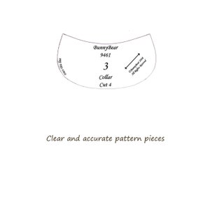 May include: A black and white line drawing of a collar pattern piece for sewing. The pattern piece is labeled "Collar Cut 4" and has the number "3" in a circle. The text "Bunny Bear 9461" is also included on the pattern piece.