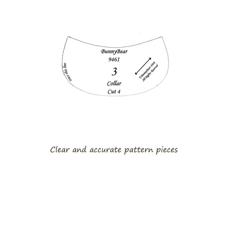 May include: A black and white line drawing of a collar pattern piece for sewing. The pattern piece is labeled "Collar Cut 4" and has the number "3" in a circle. The text "Bunny Bear 9461" is also included on the pattern piece.