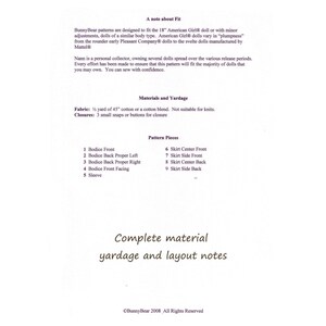 May include: A sewing pattern for an 18-inch doll, with instructions for making a bodice, skirt, and sleeves. The pattern includes a list of materials and yardage needed for the project. The text on the page reads "Complete material yardage and layout notes".