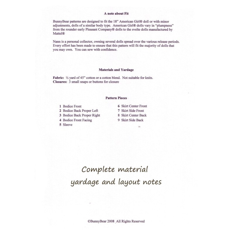 May include: A sewing pattern for an 18-inch doll, with instructions for making a bodice, skirt, and sleeves. The pattern includes a list of materials and yardage needed for the project. The text on the page reads "Complete material yardage and layout notes".