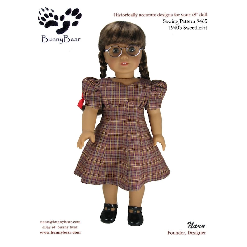 PDF Sewing pattern 1940s WWII Reproduction Dress for 18 inch American Girl Dolls sweetheart neckline, empire bodice image 2