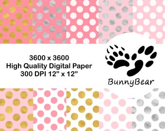 Digital Paper Pack | JPG Files | Gold Silver Foil | Polka Dot Pattern | High Resolution Printable | Pink | Scrapbooking | Background paper