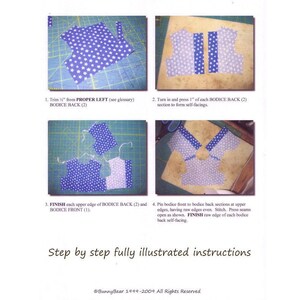 May include: Step-by-step instructions for sewing a blue and white star patterned bodice with a blue trim. The instructions include trimming, turning, pressing, finishing, and pinning fabric pieces together.