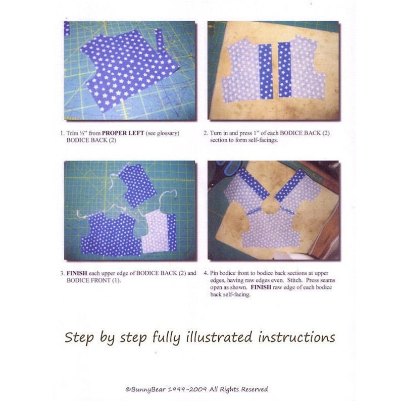May include: Step-by-step instructions for sewing a blue and white star patterned bodice with a blue trim. The instructions include trimming, turning, pressing, finishing, and pinning fabric pieces together.