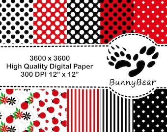 Digital Paper Pack | JPG Files | LadyBugs Stripes Polka Dots | High Resolution Printable | Black White Red | Scrapbooking | Background paper