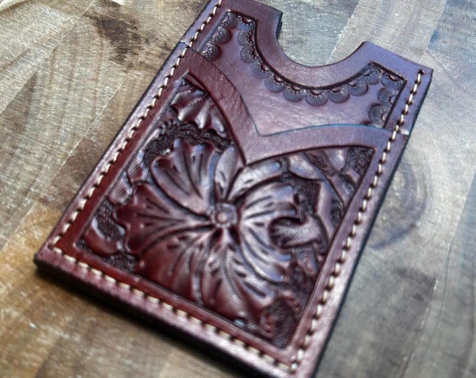 Dark Brown Leather Flower Tooled Card Wallet