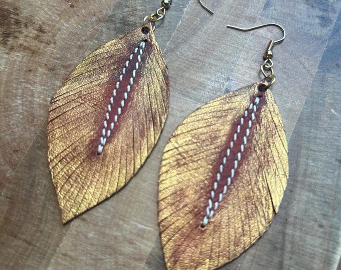 Red and Gold Leather Feather Earrings