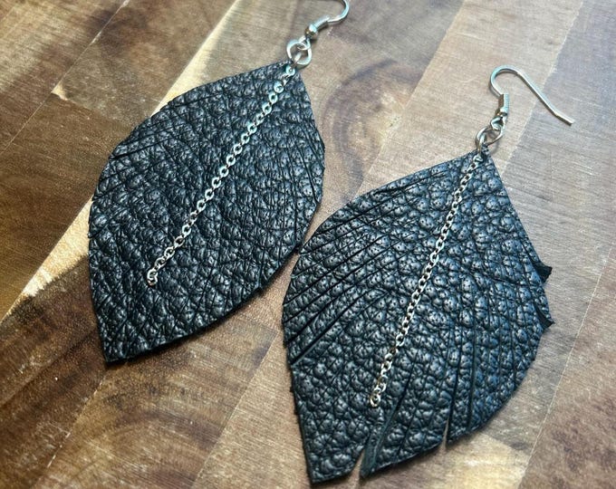 Black Leather Feather Earrings with Chain