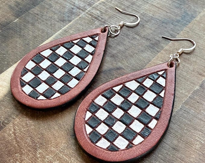 Black and White Leather Checkered Earrings