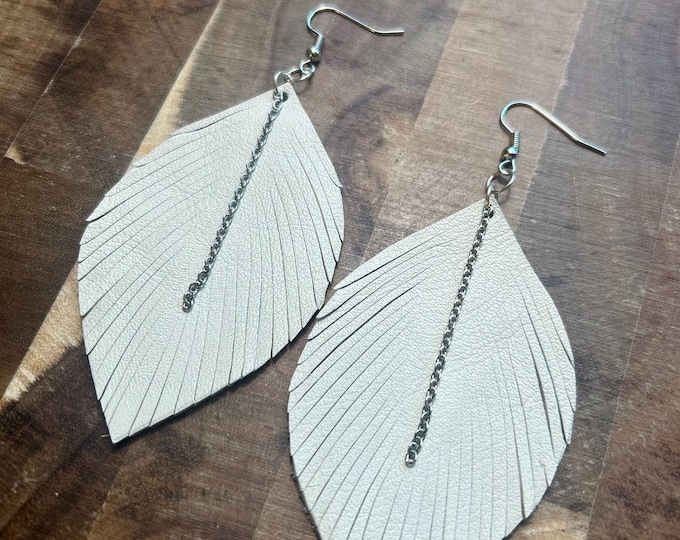 White Leather Feather Earrings with chain