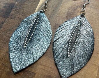 Black and Silver Leather Feather Earrings