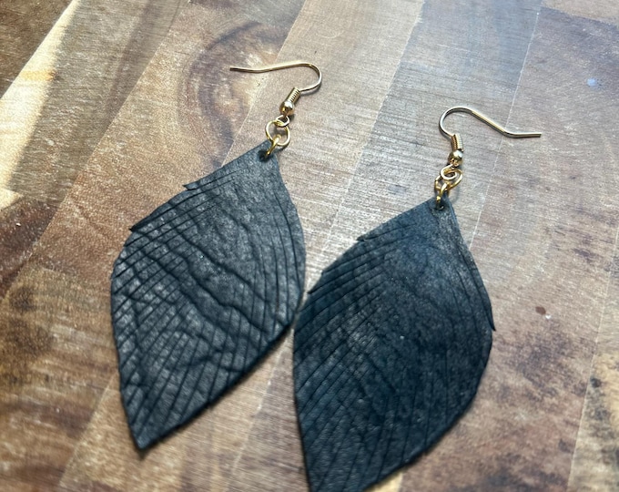 Small Black Leather Feather Earrings