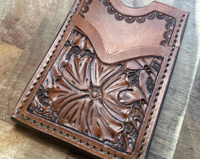 Brown Leather Flower Tooled Card Wallet