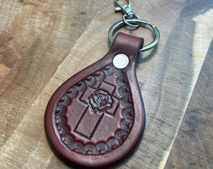 Chestnut Leather Cross Keychain