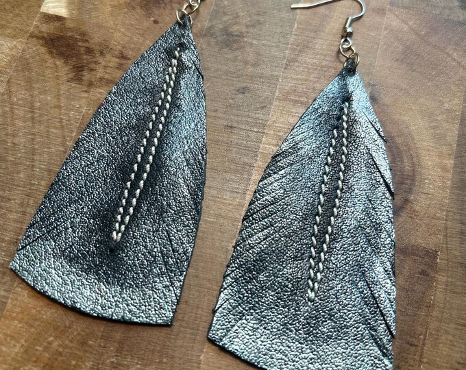 Black and Silver Leather Feather Earrings