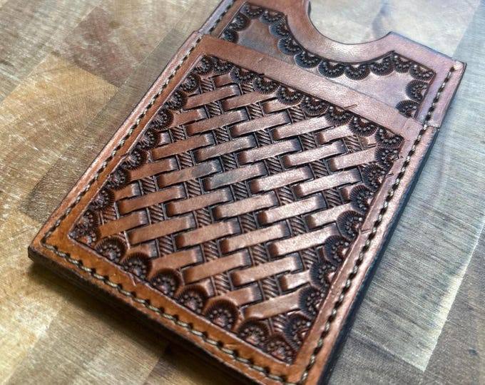Brown Leather Basketweave Card Wallet