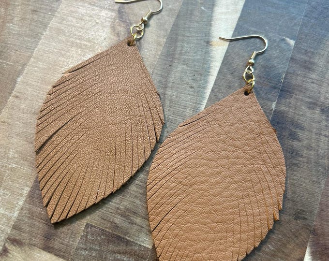 Brown Leather Feather Earrings