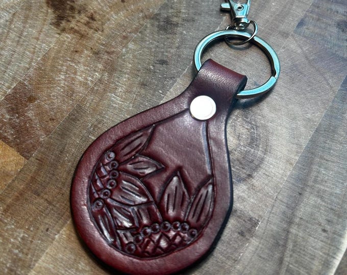 Chestnut Leather Sunflower Tooled Keychain