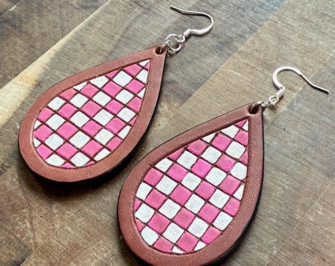 Pink and White Leather Checkered Earrings