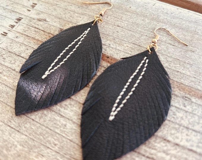 Black Leather Feather Earrings with Stitch