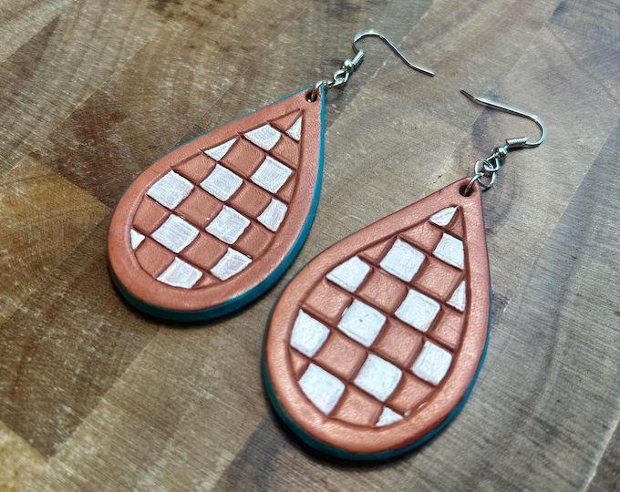 Brown and White Leather Checkered Earrings with Teal Edge