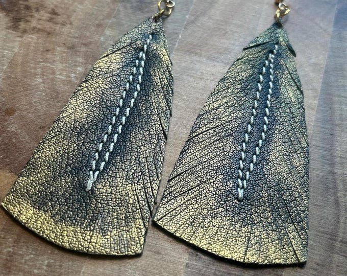 Black and Gold Leather Feather Earrings