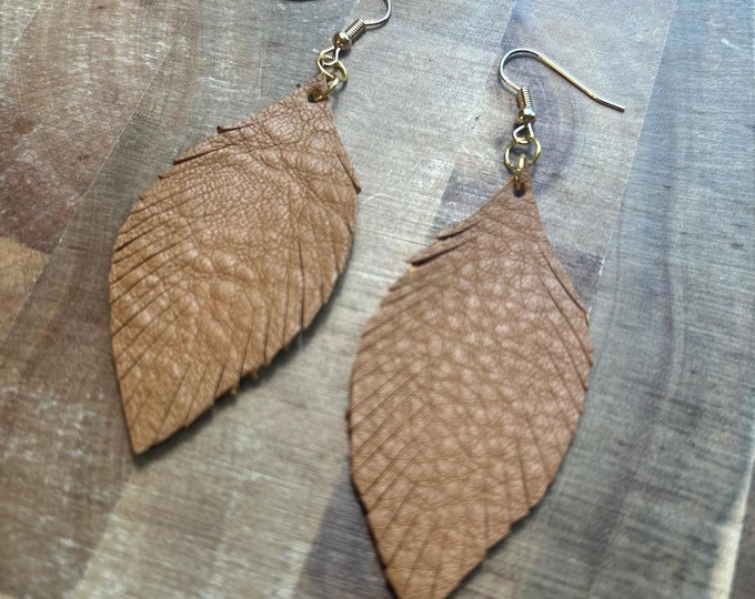 Small Brown Leather Feather Earrings