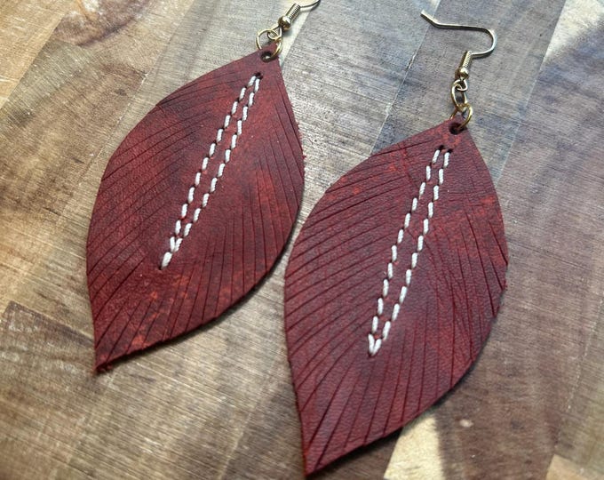 Red Leather Feather Earrings with Stitch