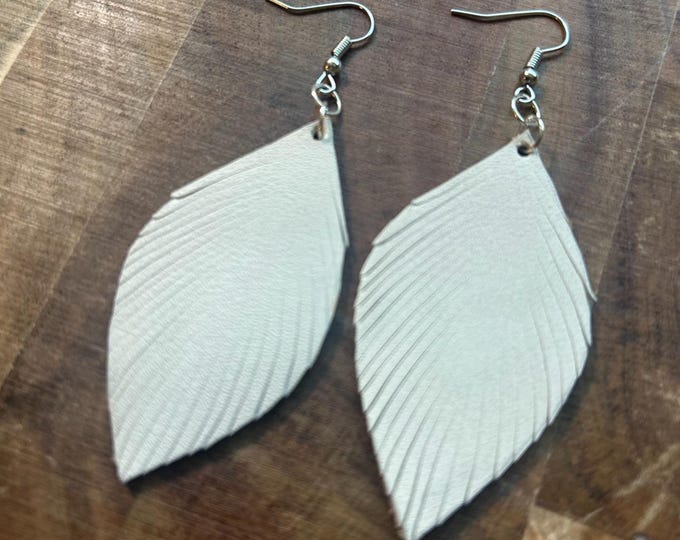 Small White Leather Feather Earrings