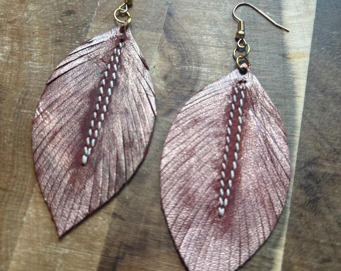Black and Rose Gold Leather Feather Earrings
