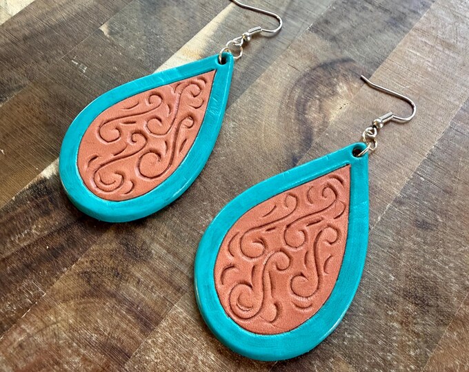 Brown Leather Tooled Earrings with Teal Border