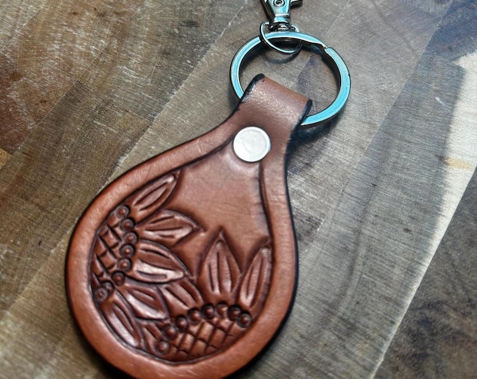 Brown Leather Sunflower Tooled Keychain
