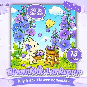 13 Bloomfolk Larkspur Coloring Pages for Adults & Teens, Cozy Fairy Garden Printable PDF PNG