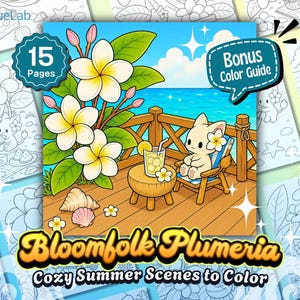 15 Bloomfolk Plumeria Coloring Pages for Adults & Teens, Cozy Summer Flower Scenes, Printable PDF PNG