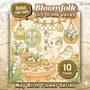 May include: A digital coloring book titled "Bloomfolk Lily of the Valley" with a cartoon illustration. The image features a cat-like character surrounded by lily of the valley flowers, with the text "May Birth Flower Series" and "10 Pages".