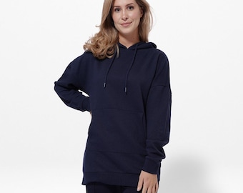 Women&#39;s Long-Sleeve Cotton Hoodie Sweatshirt Navy Blue