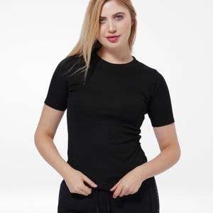 Women's Black Ribbed T-Shirt, Soft Stretchy Crew Neck Tee, Everyday Layering Top