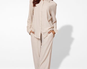 Women Long Sleeve Button Down Shirt High Waist Wide Leg Long Pants Co-ord Set
