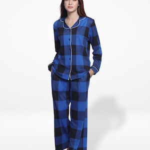 Women Sleepwear Long Sleeve Pyjama Set Blue Check