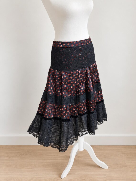 Dolce & Gabbana, Vintage Dolce Gabbana Cherry Print Silk Skirt Black Lace Ruffle Flared Midi Skirt Italian Designer Romantic Gothic M