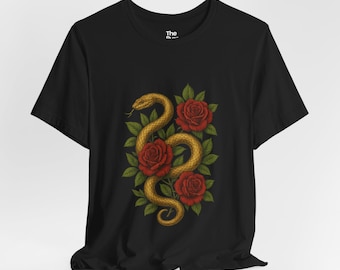 Shirt met slangen- en rozentattoo | Gotisch T-shirt met bloemen