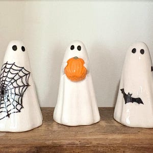 Spooky Season Little Ghosts Pumpkin Bat Cobweb Ceramic Unique Sculptures Hand Made and Hand Painted