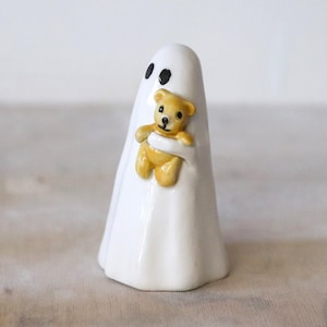 Little Ghost Holding Small Teddy Bear Ceramic Unique Sculptures Hand Made and Hand Painted