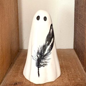 Black Feathers Ghost Ceramic Unique Sculpture Hand Made and Hand Painted